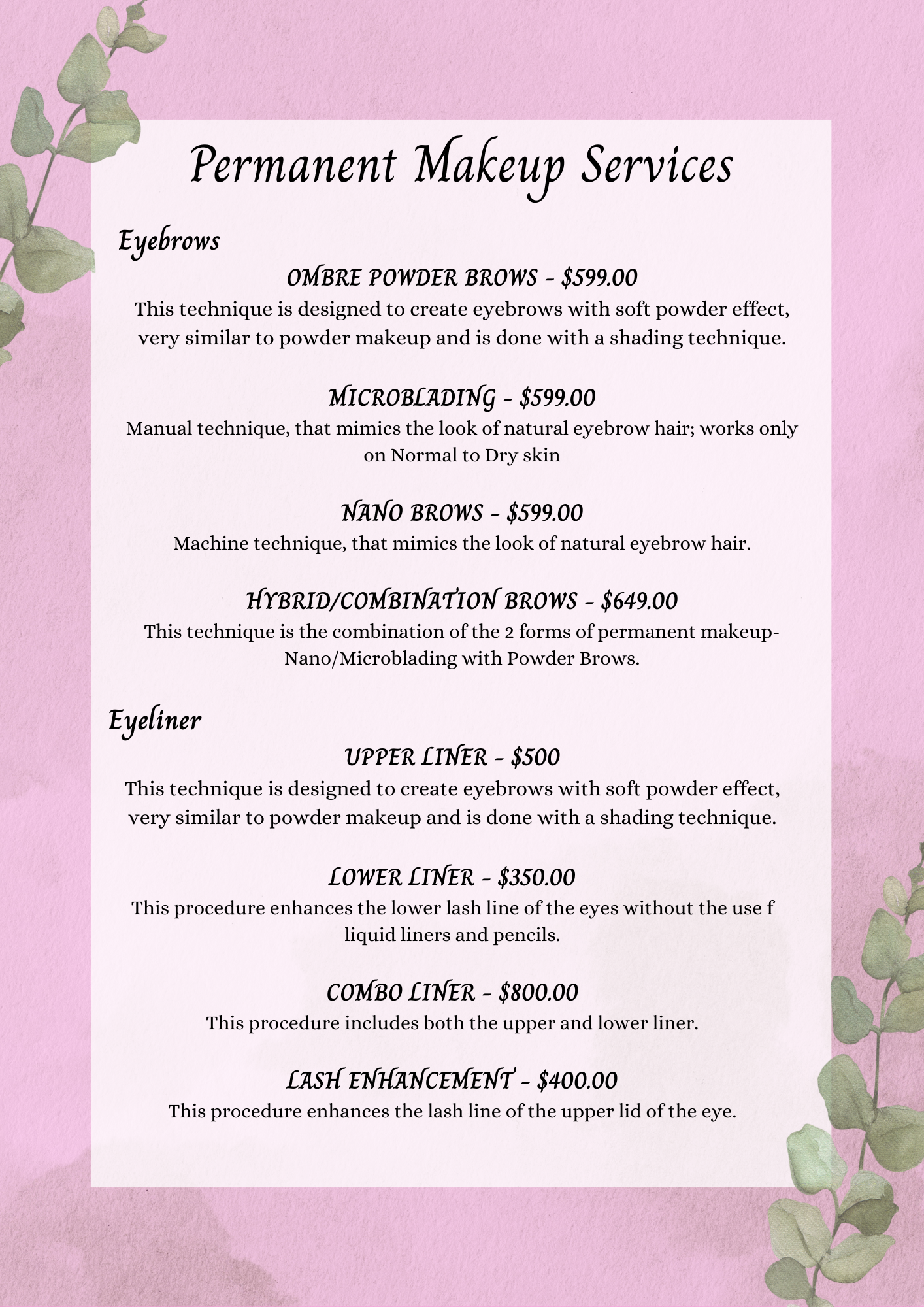 First Image of Service list for permanent make-up